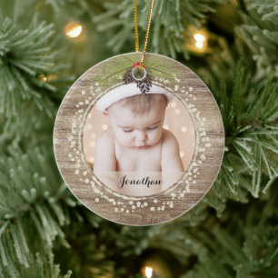Rustiges Weihnachts-Kieferzweig & Beeren Holzoptik Keramik Ornament