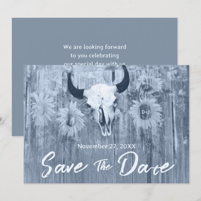 Rustik Blaue Sonnenblumen mit Stier-Schädel Save The Date (Vorne/Hinten)