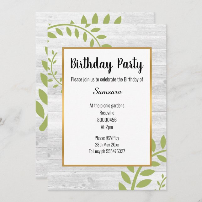 RUSTIK BOTANISCHER WHITEWASH TIMBER GEBURTSTAG EINLADUNG (Vorne/Hinten)