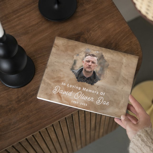 Rustik-braune benutzerdefinierte Text-Foto-Gedenk- Gästebuch (rustic guest books in loving memory funeral memorial remembrance keepsake celebration of life photo)