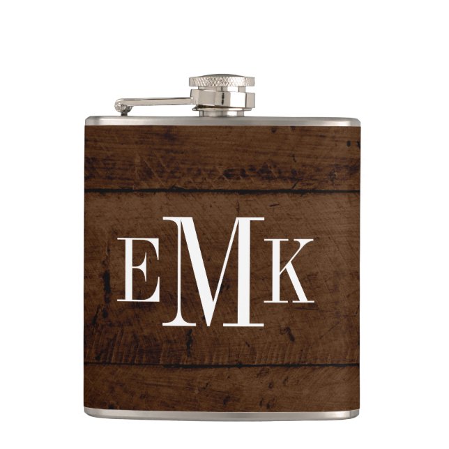 Rustik Chic Falsches Holz Klassisches Monogramm Flachmann (Vorderseite)