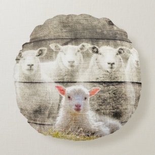 Rustik Schaf Baby Lamm Jute Rundes Kissen