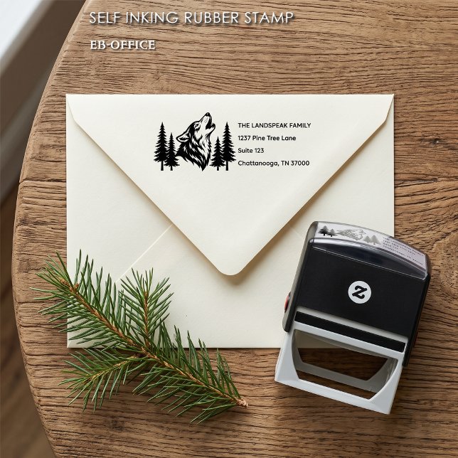 Rustik Stempel mit heulendem Wolf und Kiefern als  (Self-inking Wolf Stamp with return address (2.9”x1.4”). Choose your ink color.)