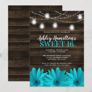 Rustikal Aquamarin Daisy Mason Jar Lights Sweet 16 Einladung