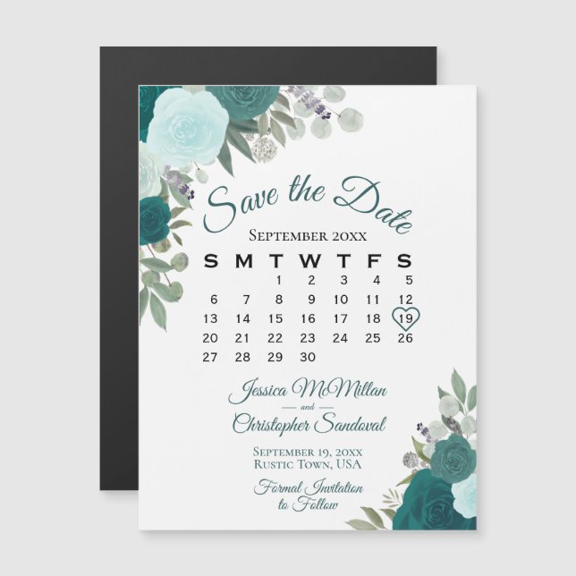 Rustikal Aquamariner Blumenkalender Save the Date  Magnetkarte (Vorne/Hinten)