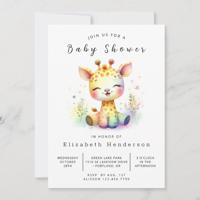 Rustikal bearbeitbare Giraffe Babydusche Einladung (Vorderseite)