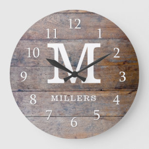 Rustikal bedrücktes Holz Familienname Mit Monogram Große Wanduhr