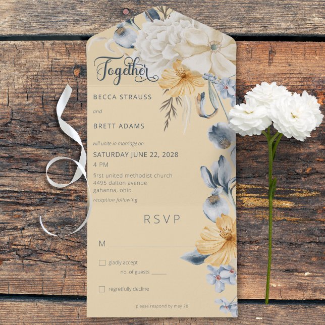 Rustikal Blau Gelb und Weiß Gelb ohne Abendessen All In One Einladung (Rustic Blue Yellow & White Floral Yellow All In One Wedding Invitation without Dinner Options)