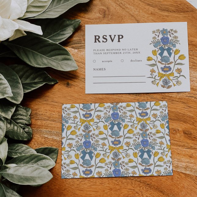 Rustikal, blau-gelbe Bogen und Blume Hochzeit RSVP Karte (Von Creator hochgeladen)