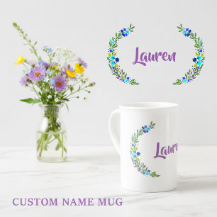 Rustikal Blau Grün Lila Wasserfarben Blüte mit Nam Prozellantasse