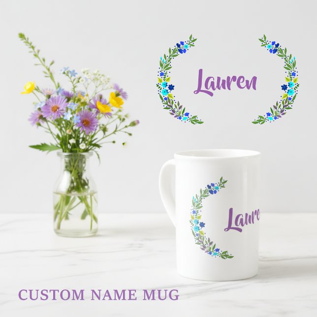 Rustikal Blau Grün Lila Wasserfarben Blüte mit Nam Prozellantasse (Custom name mug with floral details!)