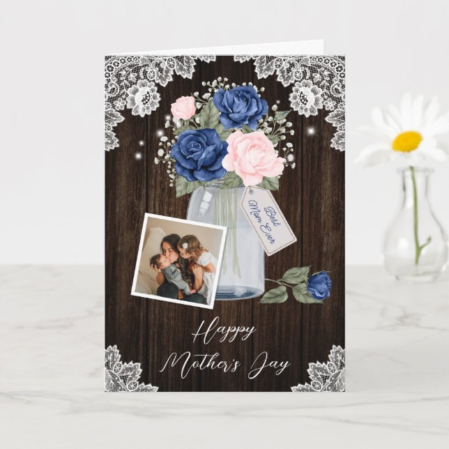 Rustikal Blau Rosa Foto florale Happy Mother Day Karte (Kleine Pflanze)