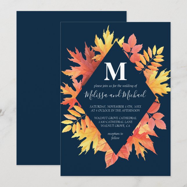 Rustikal Blau- und Orangefarbene Herbstlaube Hochz Einladung (Vorne/Hinten)