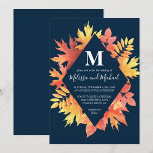 Rustikal Blau- und Orangefarbene Herbstlaube Hochz Einladung