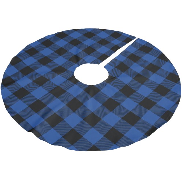 Rustikal Blau und Schwarz Buffalo Karo Kariert Polyester Weihnachtsbaumdecke (Schrägansicht)