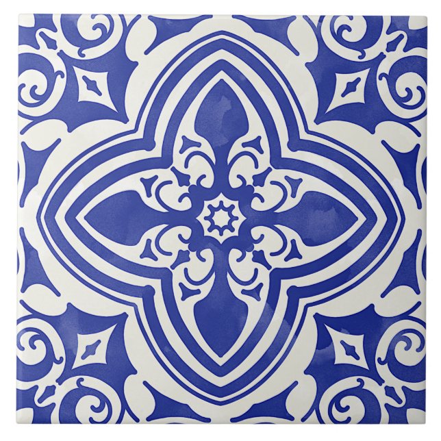Rustikal Blau Weiß dekoriert florale Fliese (Vorderseite)