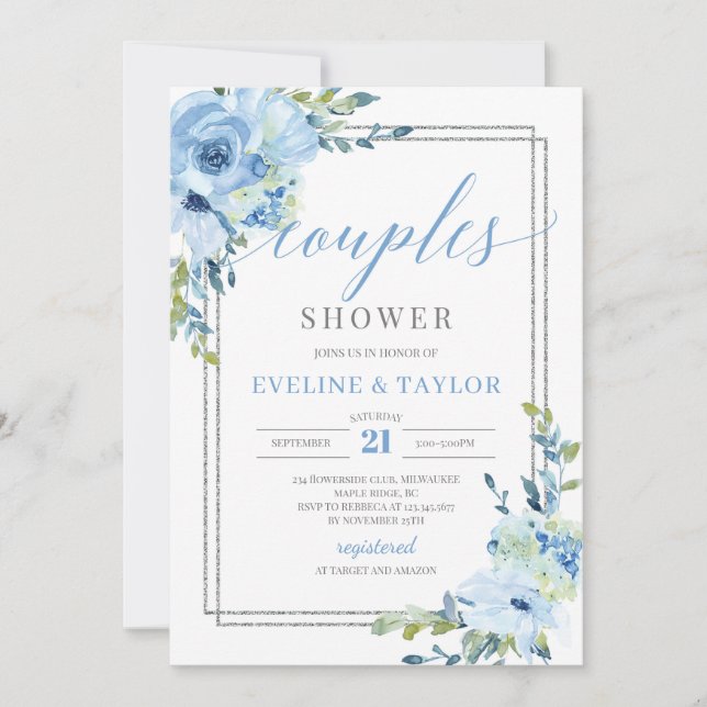 Rustikal blaue Blumen silberne Rahmen Paare Dusche Einladung (Vorderseite)