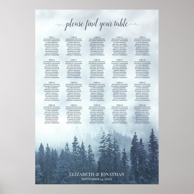 Rustikal blaue Pinien 20 Tafelübersicht Poster (Vorne)