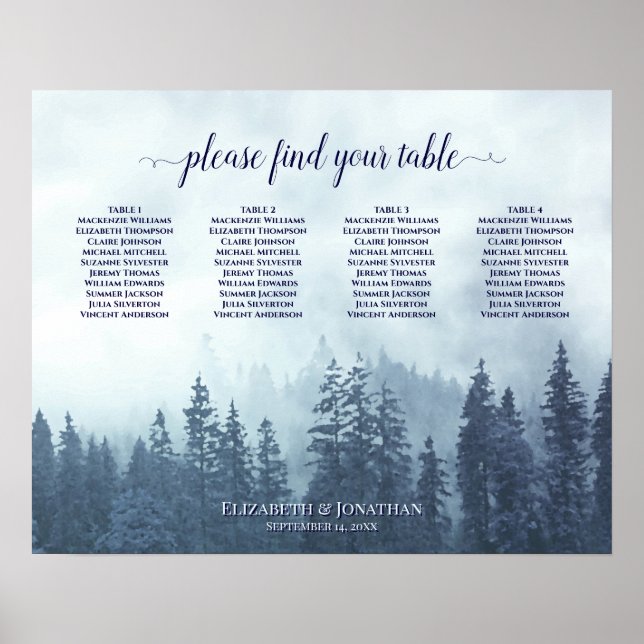 Rustikal blaue Pinien 4 Tafelsitzkarten Poster (Vorne)