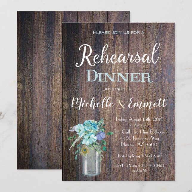 Rustikal Blaue Probe Abendessen Einladung (Vorne/Hinten)