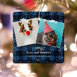 Rustikal-blauer karierter Flanellschnee 2 Fotos Keramikornament<br><div class="desc">Rustikales Weihnachtsland 2 Haustiere Fotos mit kariertem Marineblachmuster und Schnee mit einem Mistleton.</div>