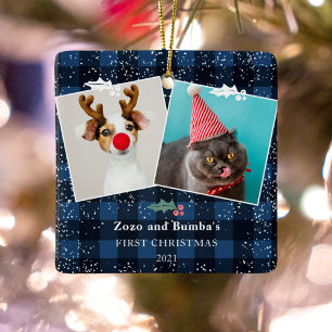 Rustikal-blauer karierter Flanellschnee 2 Fotos Keramikornament