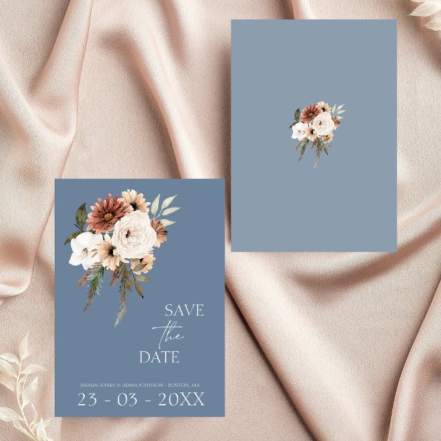 Rustikal blauer Pfirsichblütenhochzeit Das Datum s Save The Date (Elegant Dusty Blue Floral Wedding Save the Date)