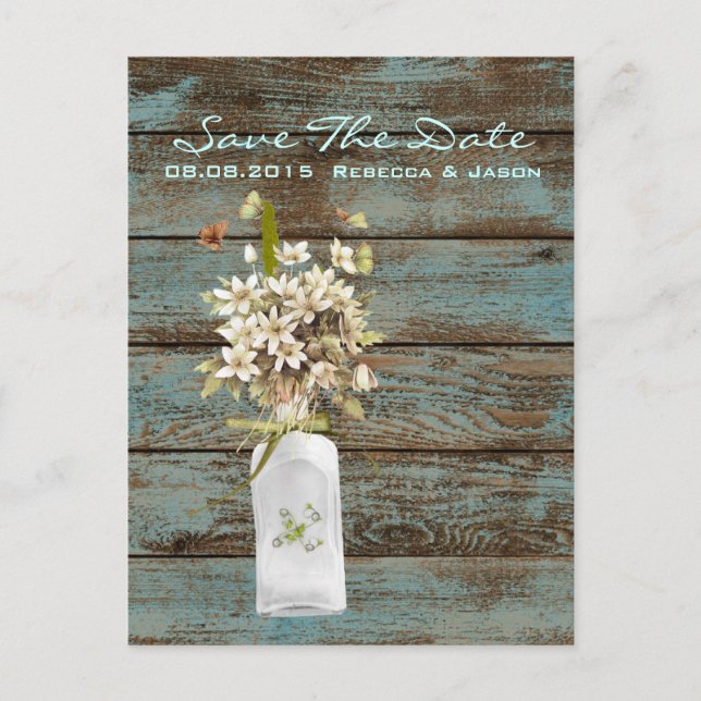 rustikal-blaues Scheunenholz Wildblume Hochzeit Ankündigungspostkarte (Vorderseite)