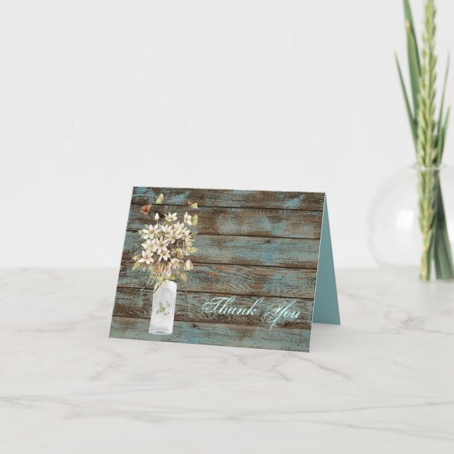 rustikal-blaues Scheunenholz Wildblume Hochzeit Dankeskarte (Vorderseite)