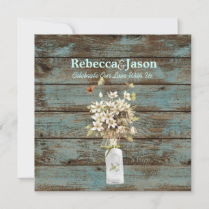 rustikal-blaues Scheunenholz Wildblume Hochzeit Einladung