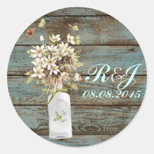 rustikal-blaues Scheunenholz Wildblume Hochzeit Runder Aufkleber
