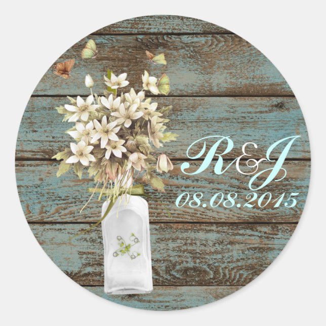 rustikal-blaues Scheunenholz Wildblume Hochzeit Runder Aufkleber (Vorderseite)