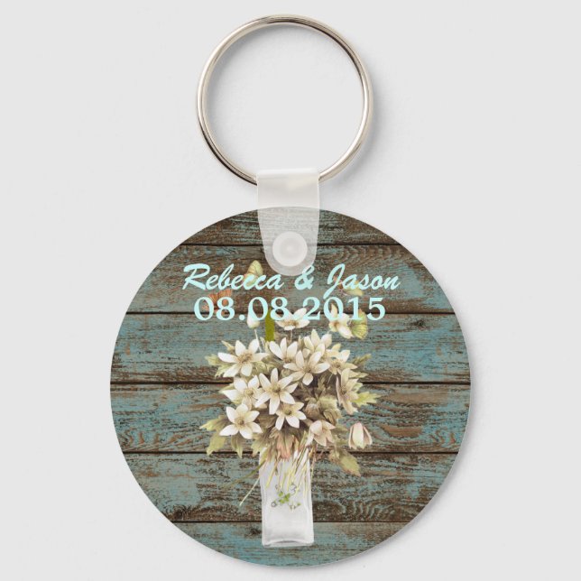 rustikal-blaues Scheunenholz Wildblume Hochzeit Schlüsselanhänger (Vorderseite)