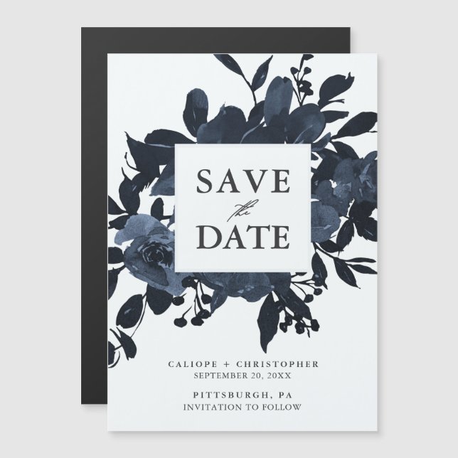 Rustikal Blue Floral Bouquet Save the Date Magneteinladung (Vorne/Hinten)