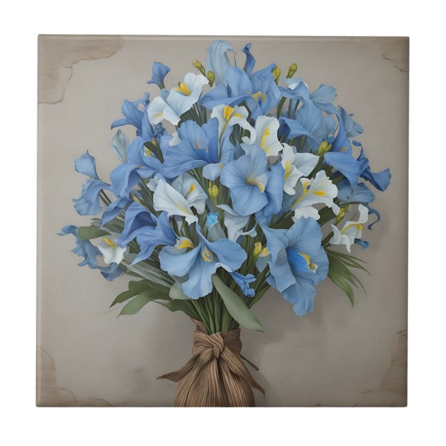 Rustikal Blue Iris Bouquet Fliese (Vorderseite)