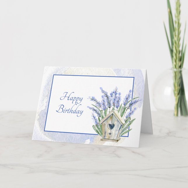 Rustikal Blue Lavender Birdhouse Floral Geburtstag Karte (Vorderseite)