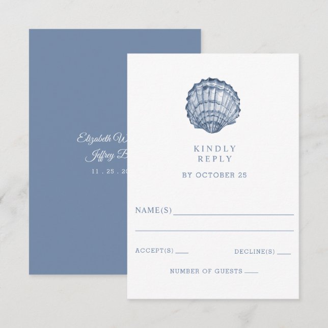 Rustikal Blue Seashells Marine Ocean Beach Hochzei RSVP Karte (Vorne/Hinten)