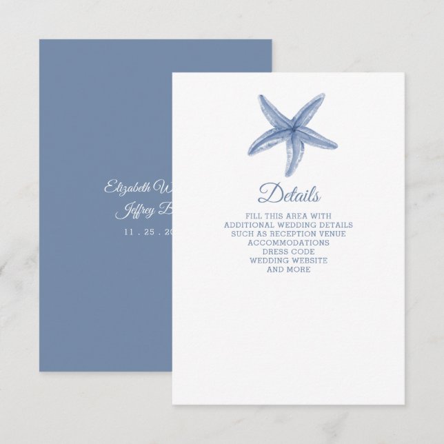 Rustikal Blue Starfish Marine Ocean Beach Hochzeit Begleitkarte (Vorne/Hinten)