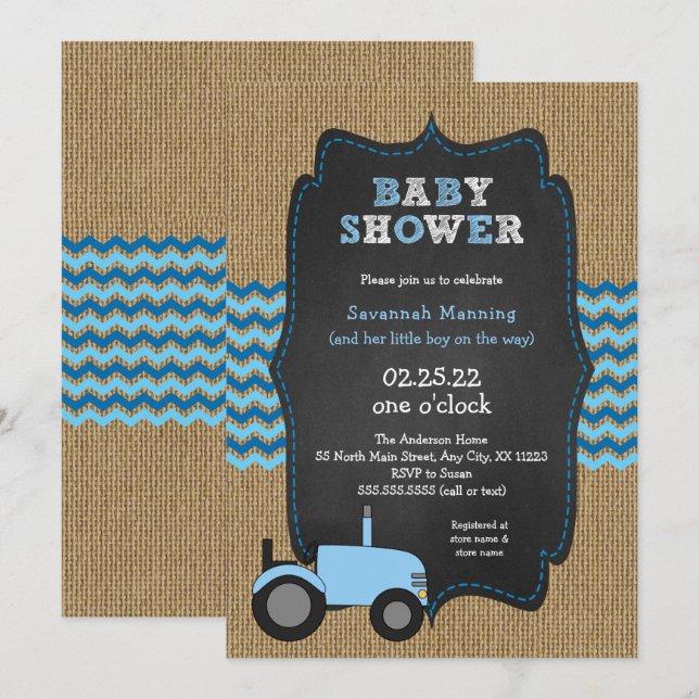 Rustikal Blue Tractor Junge Dusche Baby Einladung (Vorne/Hinten)