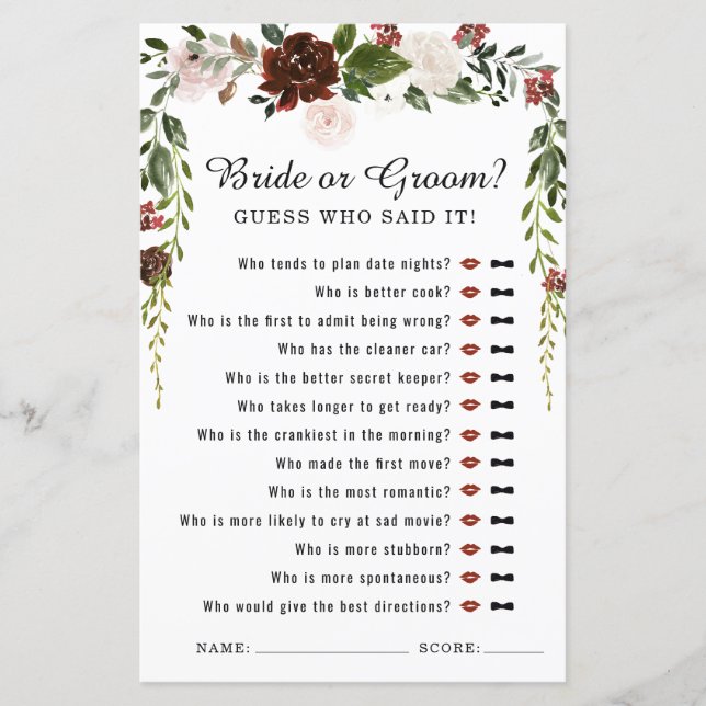 Rustikal | Boho Botanic Brautparty Game (Vorderseite)