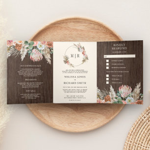 Rustikal Boho Erdig Floral Pampas Scheune Holz Hoc Dreifach Gefaltete Einladung