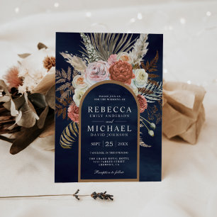 Rustikal Boho Erdiges Florales Terrakotta Navy Hoc Einladung