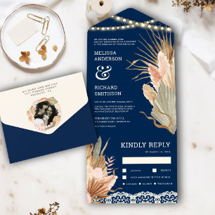 Rustikal Boho getrocknete Palme Pampas Marineblau All In One Einladung