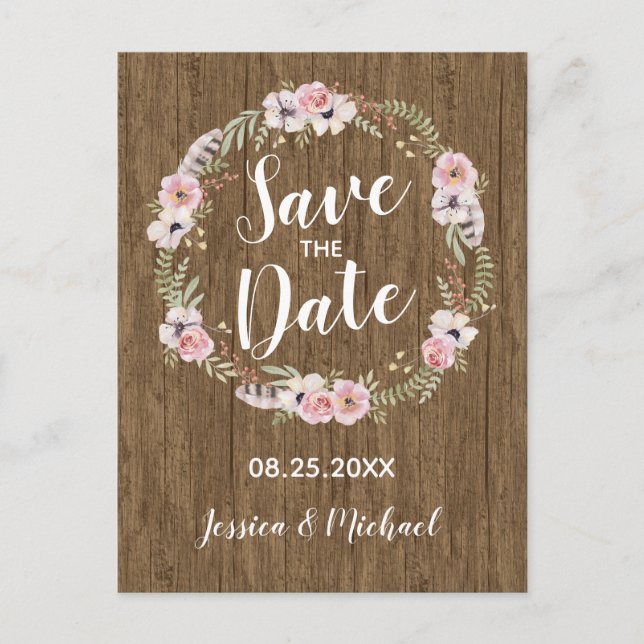 Rustikal Boho Wood Floral Save the Date Postkarte (Vorderseite)