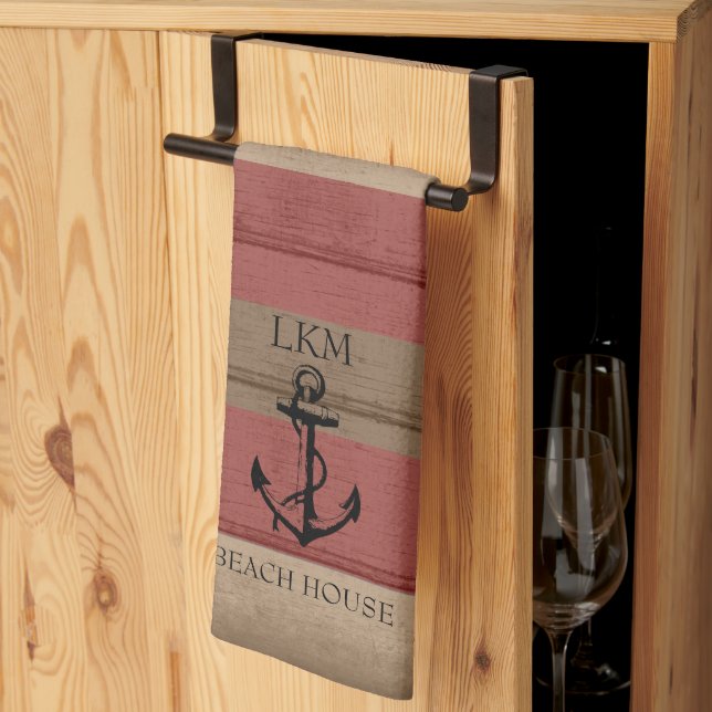 Rustikal Braun und Rot Holz Nautical - Monogramm Geschirrtuch (Drittel gefaltet)