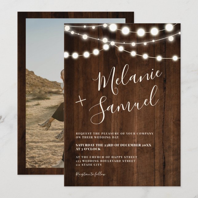 Rustikal-braune Holzklingellichter Foto Hochzeit Einladung (Vorne/Hinten)
