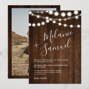 Rustikal-braune Holzklingellichter Foto Hochzeit Einladung