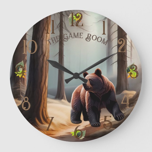 Rustikal Brauner Wasserfarbe Grosser Bär Große Wanduhr (Vorderseite)