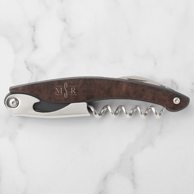 Rustikal-braunes Leder Textur 3 Letter Monogram Kellnermesser (Vorderseite)
