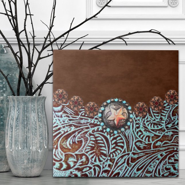Rustikal Brown Türkis Cowboy Western Land Fliese (Rustic Brown Turquoise Cowboy Western Country Ceramic Tile)